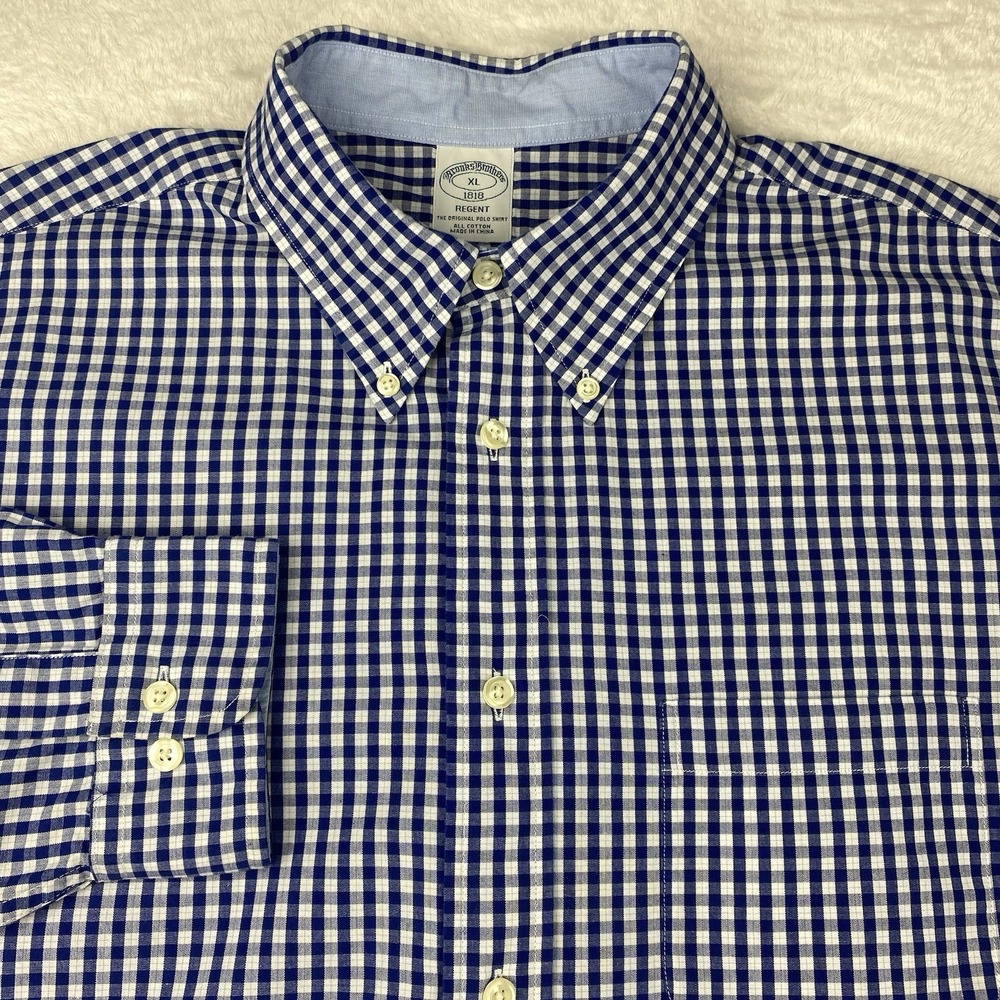 Brooks Brothers Shirt Mens XL Blue/White Checks Regent Fit Contrasting Trim